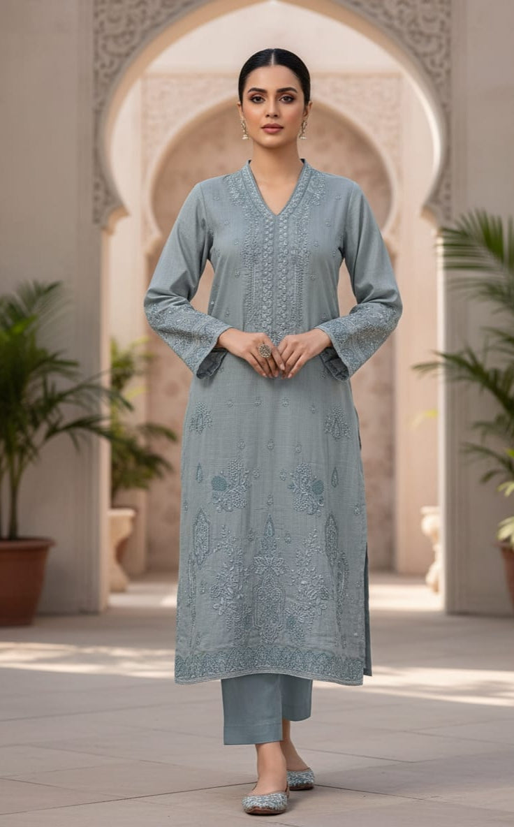 2 Piece embroidered Lawn with Plain Trouser