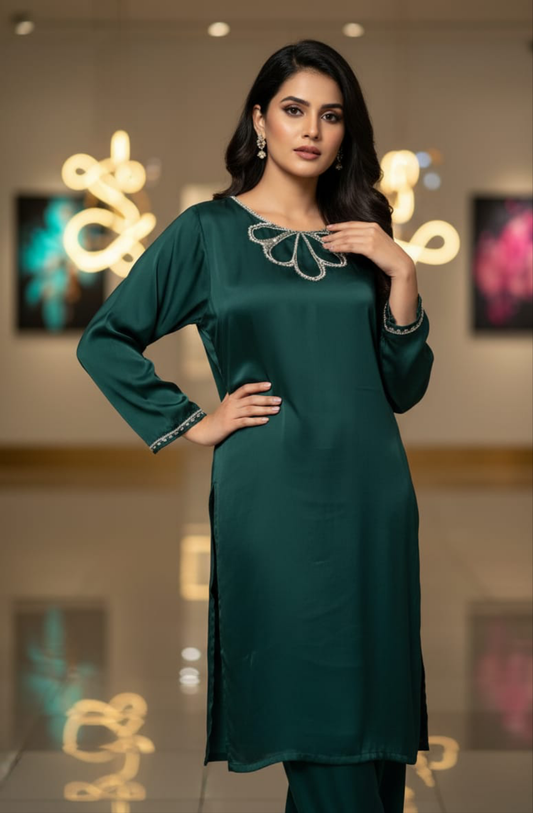 Bottle Green Silk dress with Pearl & Hand Work on Neck Line