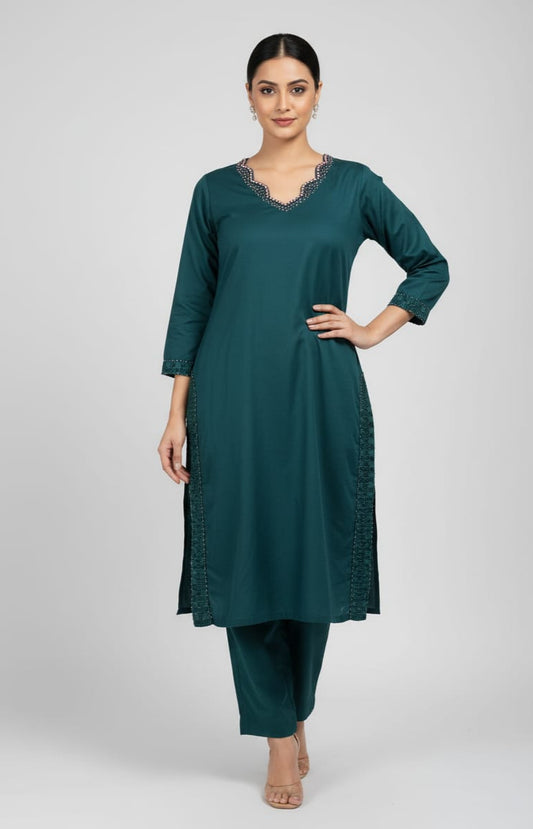 2 piece doriya lawn suite with lace detailing and hand work on neck