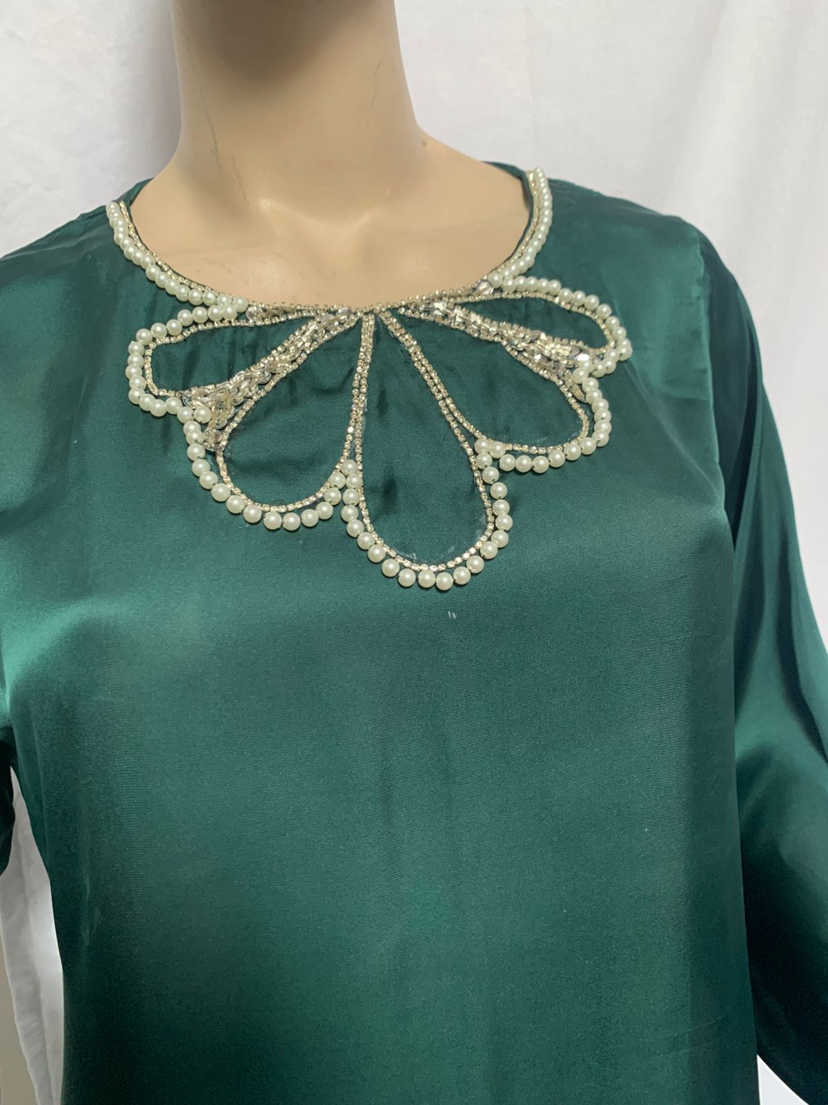 Bottle Green Silk dress with Pearl & Hand Work on Neck Line